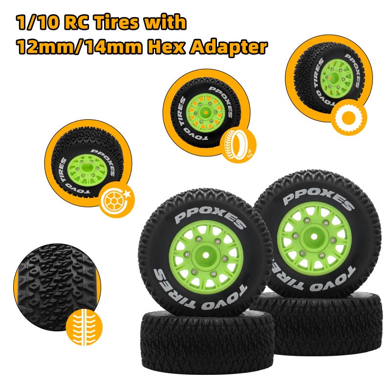 daitoku 12mm/14mm/17mm Hex RC Wheels and Tires RC Truck Tires 1/10 Scale Tyres Detachable Replacement RC Car Tires for Arrma Senton Tires Slash Tires Axial Fury Redcat Rc4wd Hex (Green) - Image 4